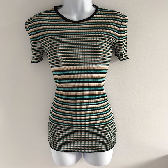 Ozbek Knitted Striped Short Sleeve Top Blue Black Tan 90’s Y2K Vintage - Picture 8 of 13